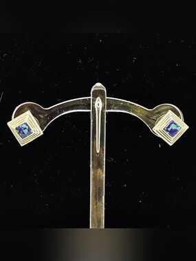 vintage Sterling Silver square stud earrings with Opal inlays.